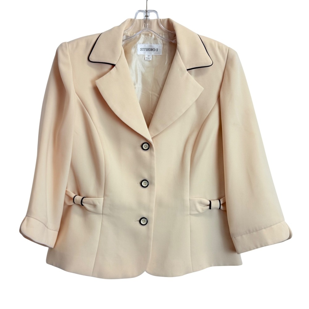 Studio I Cream Black Trim Blazer Jacket Womens Size 10 3/4‎ Sleeve Bow Detail